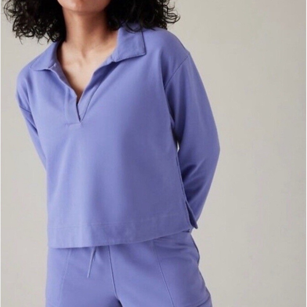 Athleta XL Retroterry Polo Sweatshirt Periwinkle Blue Collared‎ Long Sleeve Top